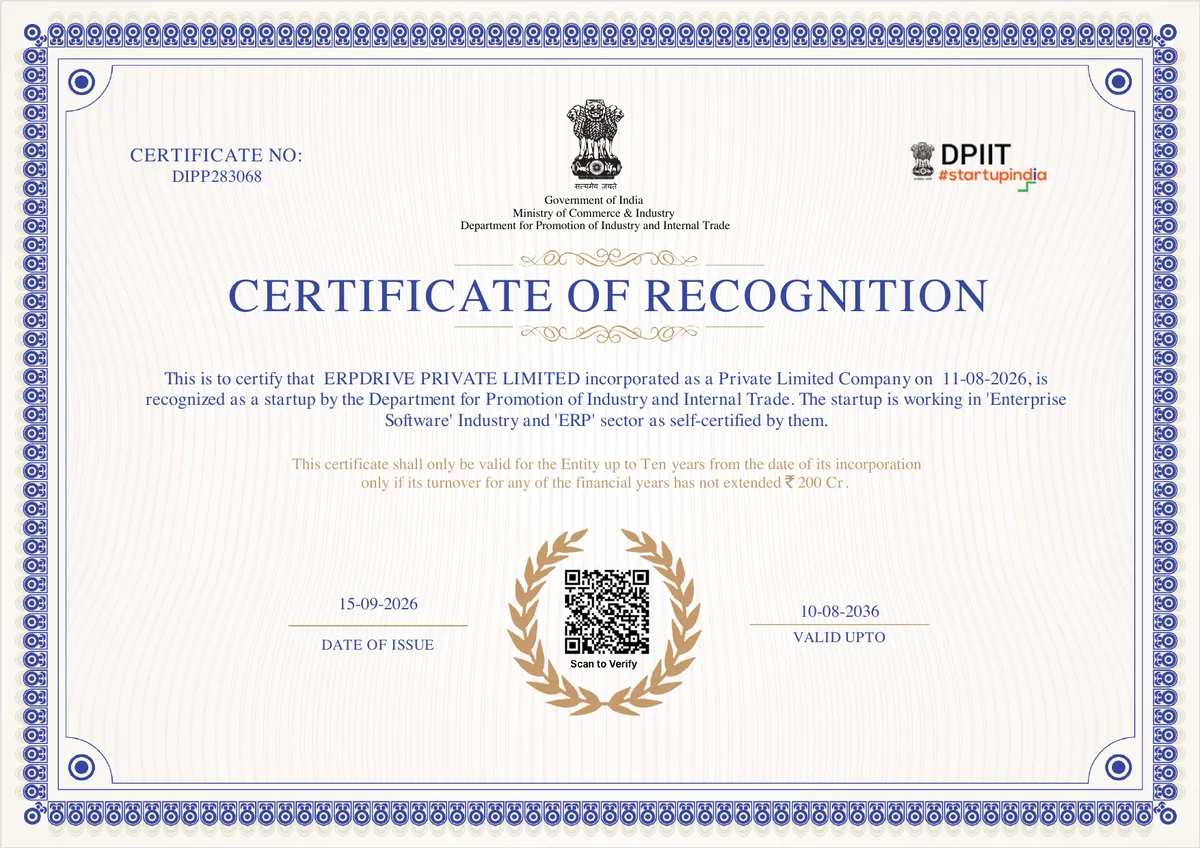 DPIIT Certificate of Recognition issued to ERPDrive Private Limited, Certificate No. DIPP283068